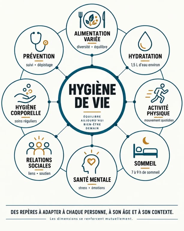 Infographie des principaux piliers de l’hygiène de vie et de leurs interactions