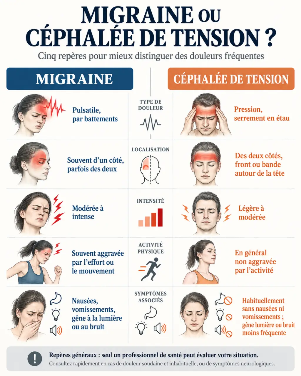 Infographie stress migraine comparant migraine et céphalée de tension selon les symptômes