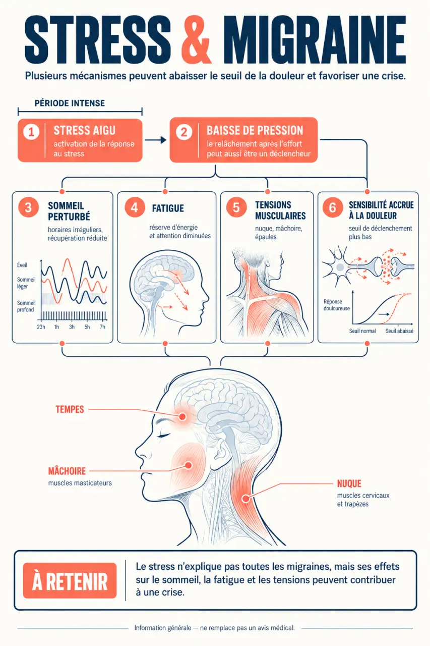 Infographie sur le lien entre stress et migraine, le sommeil, les tensions musculaires et les changements de rythme
