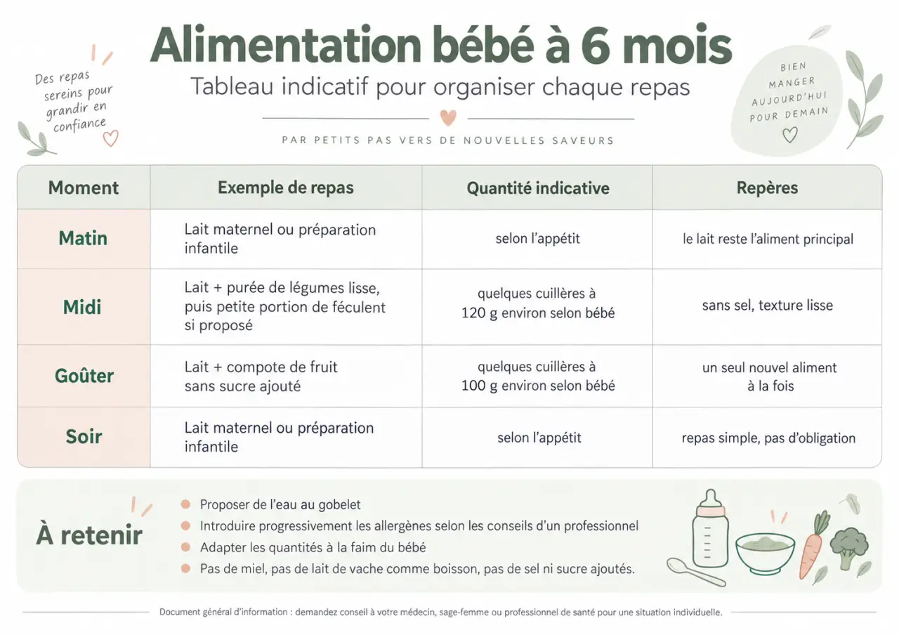 Alimentation bébé à 6 mois : le tableau imprimable pour organiser chaque repas