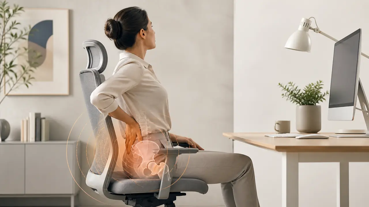 Illustration minimaliste d’un bassin et d’une posture de bureau, tons clairs et vert sauge