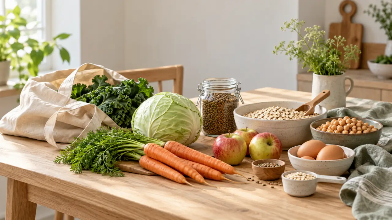 Aliments simples et équilibrés disposés sur une table claire