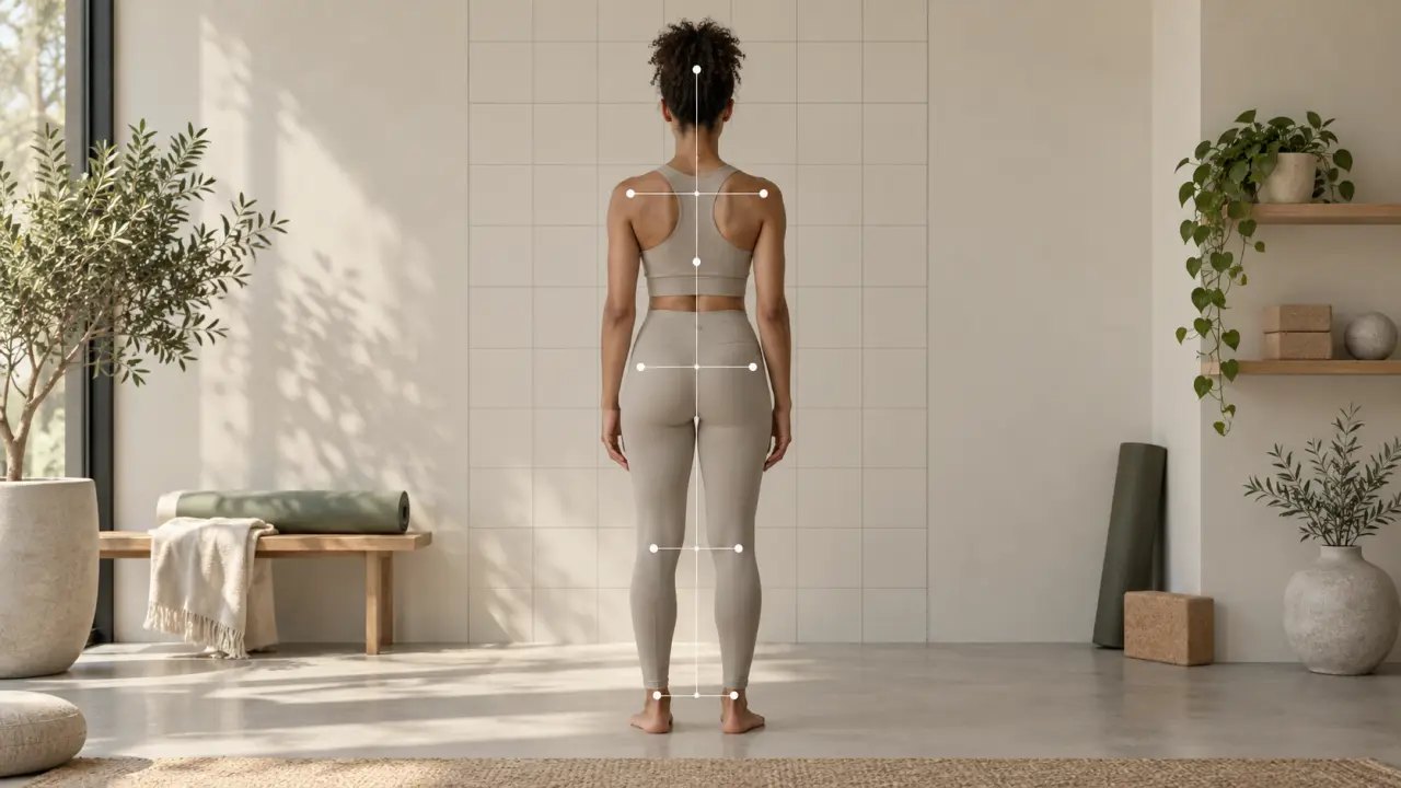 Personne debout observant son alignement postural dans un espace épuré