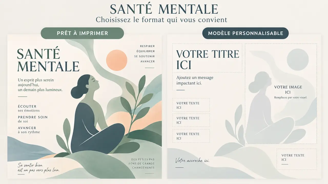 Affiche santé mentale : choisissez entre un support prêt à imprimer et un modèle personnalisable