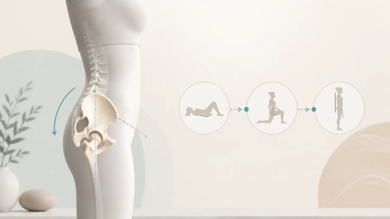 Illustration minimaliste d'une structure anatomique évoquant le bassin et l'alignement postural